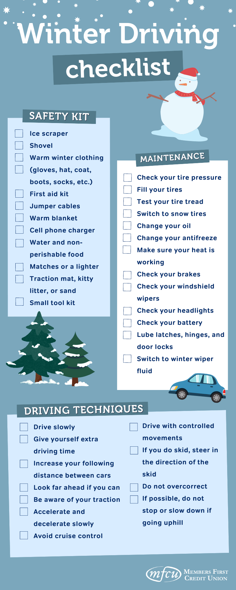 A blue check list of winter driving safety kit items, driving techniques, and maintenance